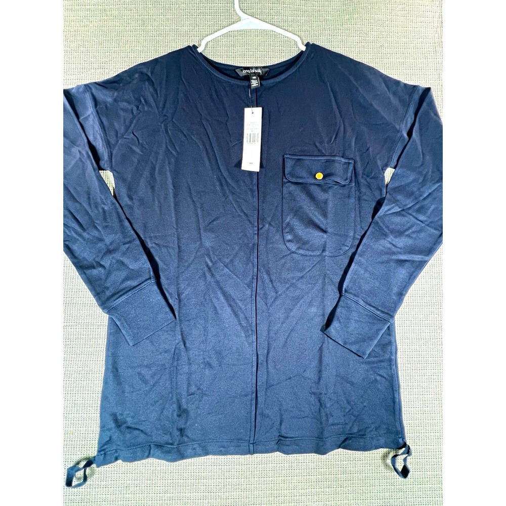 Long Tall Sally Women XS Navy Knit Pullover Sweater Crew Neck Button Pocket